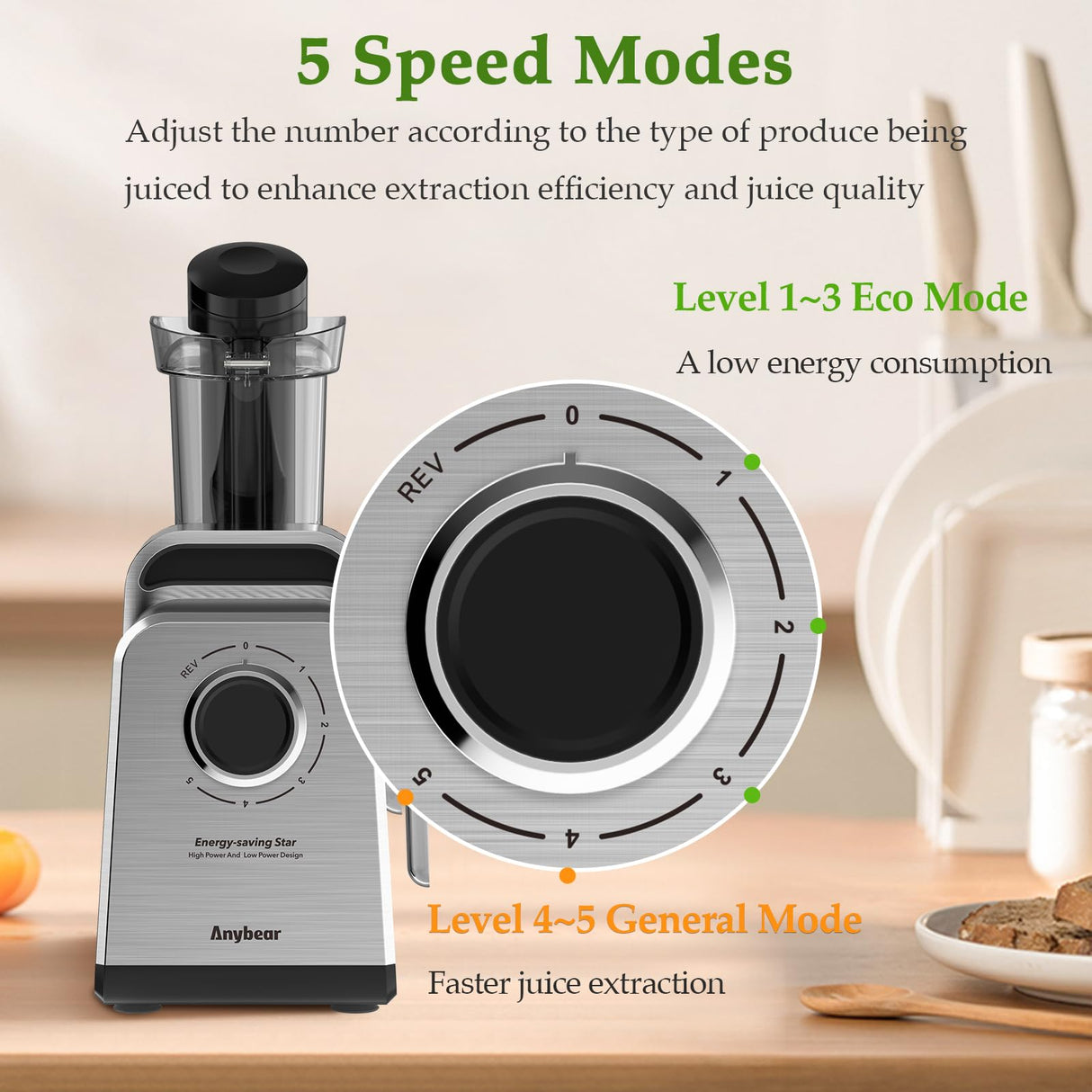 Masticating Juicer Machines, 3.5" Large Feed Chute Cold Press Juicer Fit Whole Fruits Vegetables with Quiet Motor | 5 Speed Modes | Easy to Clean with Brush | BPA Free (Silver & Black) anybear