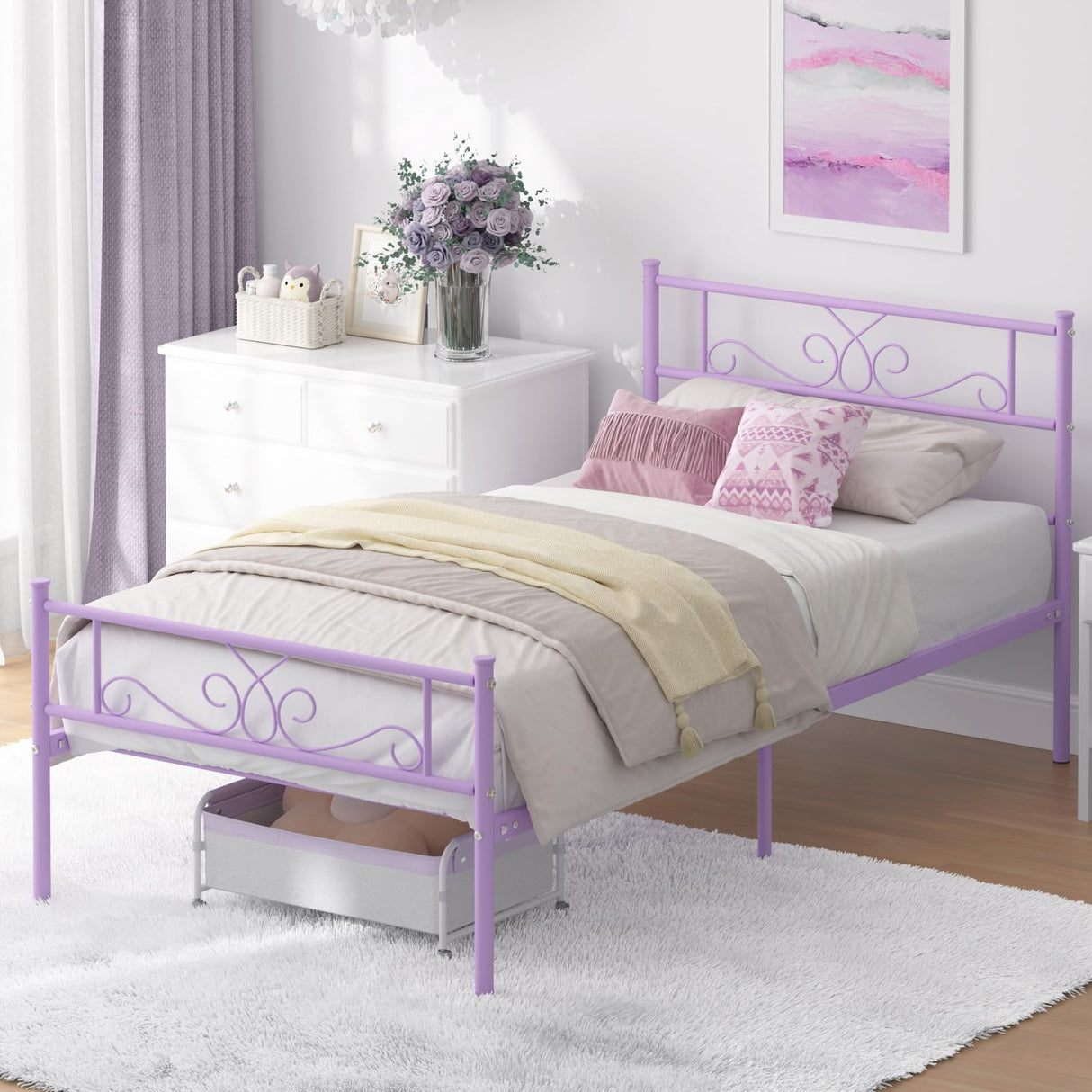 Weehom Twin Size Bed Frame with Headboard and Footboard Steel Slats Support Twin Metal Bed No Box Spring Needed Easy to Assembly, Purple Weehom