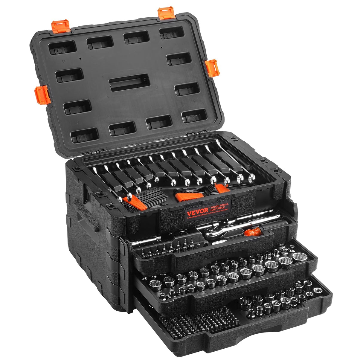 VEVOR Mechanics Tool Set and Socket Set, 1/4" 3/8" 1/2" Drive Deep and Standard Sockets, 450 Pcs SAE and Metric Mechanic Tool Kit with Bits, Combination Wrench, Hex Wrenches, Accessories, Storage Case VEVOR