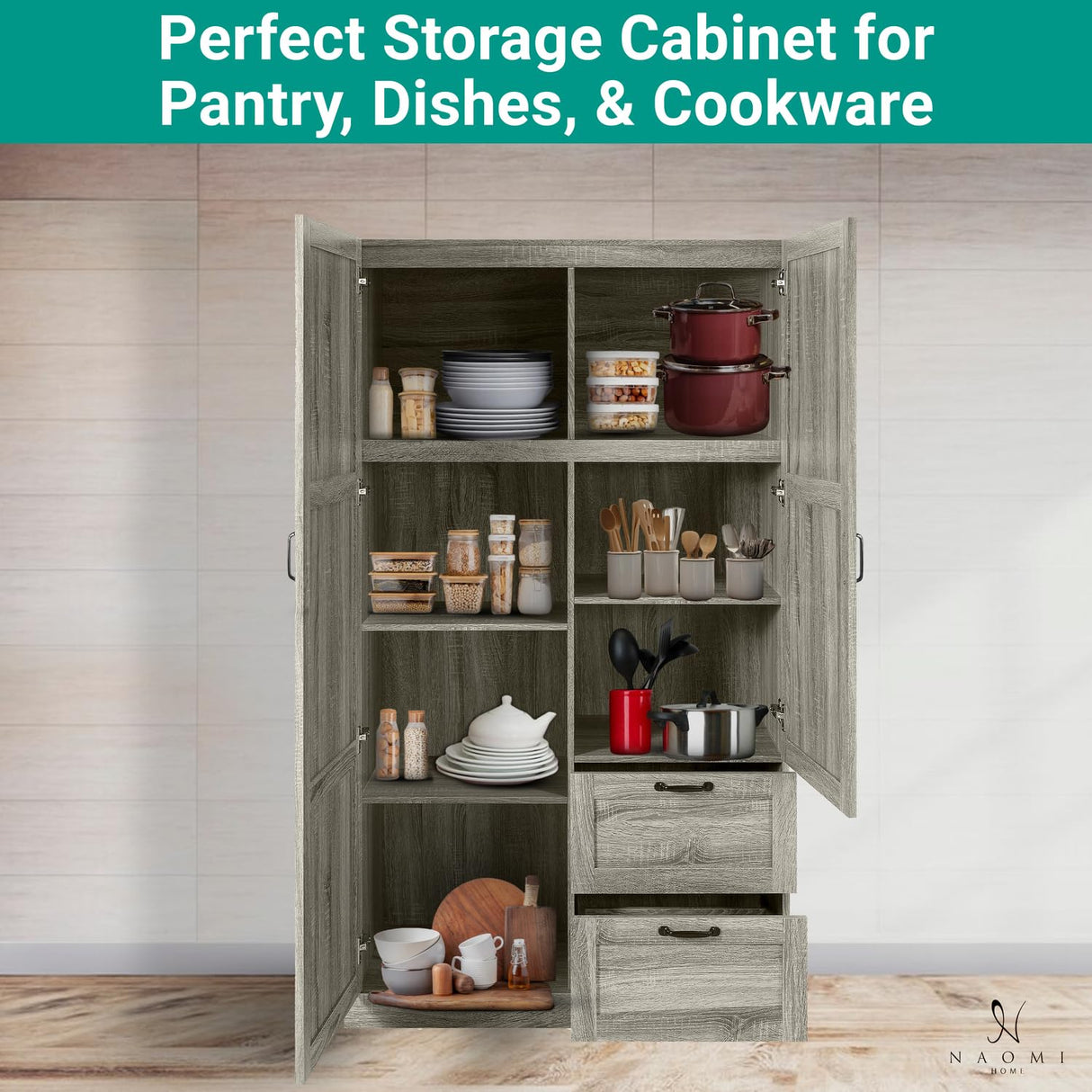 Naomi Home Grey Oak Storage Cabinet with 2 Barn Doors, 2 Drawers & Adjustable Shelves – Modern Wardrobe Closet Armoire for Bedroom, Entryway & Utility Room Naomi Home