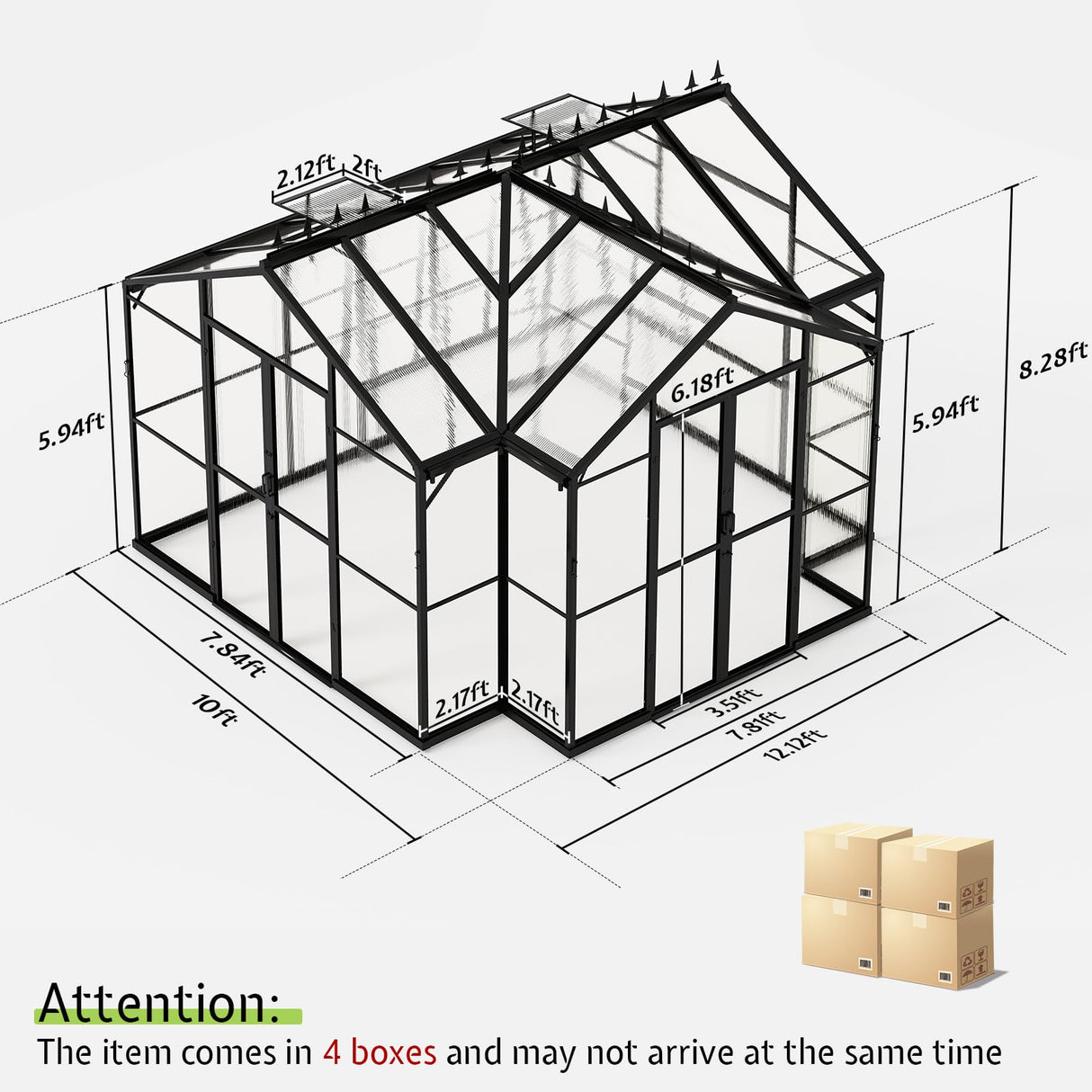 AMERLIFE 12x10x8 FT Hybrid Polycarbonate Walk-in Greenhouse for Outdoors, Aluminum Frame with Quick-Connect Assembly, Double Doors, Ventilation for Backyard Garden, Black AMERLIFE
