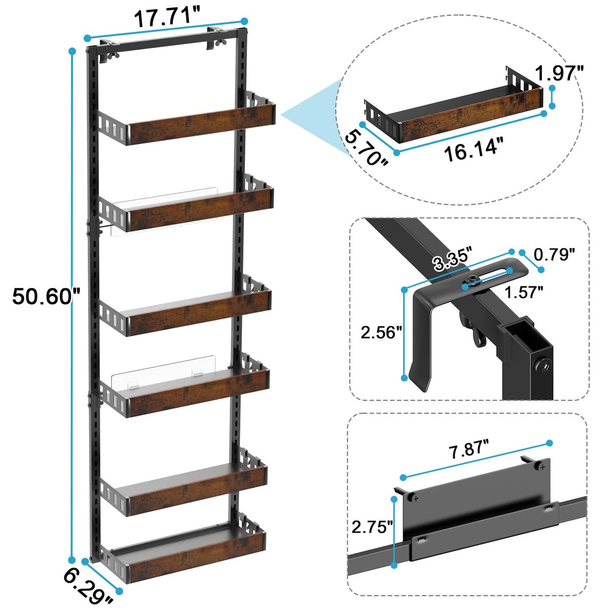 bukfen Over the Door Pantry Organizer, 6-Tier Adjustable Wooden Basket Kitchen Pantry Door Organization and Storage, Heavy-Duty Metal Hanging Kitchen Spice Rack,D6.3 x W17.71 x H50.60 inch,1 Pack bukfen