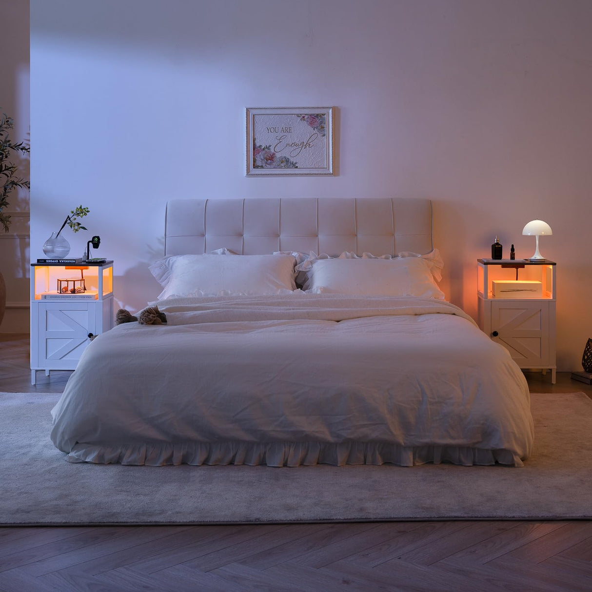 Yoobure Farmhouse Nightstand with Charging Station, Wood Night Stand End Table with USB Ports, LED Bed Side Table with Storage Cabinet, Bedside Table for Bedroom, Living Room White Yoobure