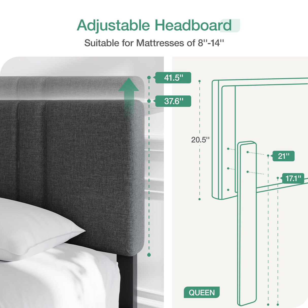 Novilla Adjustable Queen Bed Frame with Upholstered Headboard and Wood Slat Support - Dark Grey Novilla