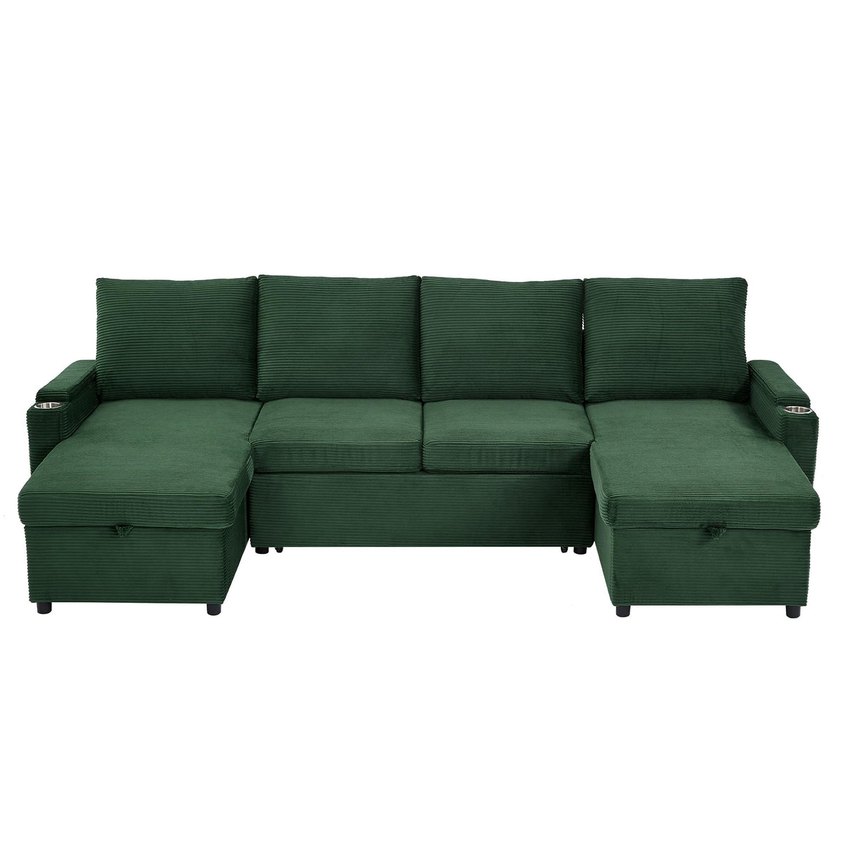 LUMISOL Convertible Sectional Sleeper Sofa Bed, 110" U-Shaped Sofa with Pull Out Bed, Corduroy 6-Seater Modular Couch with Double Storage Chaise, Cup Holders & USB Ports for Living Room, Green LUMISOL