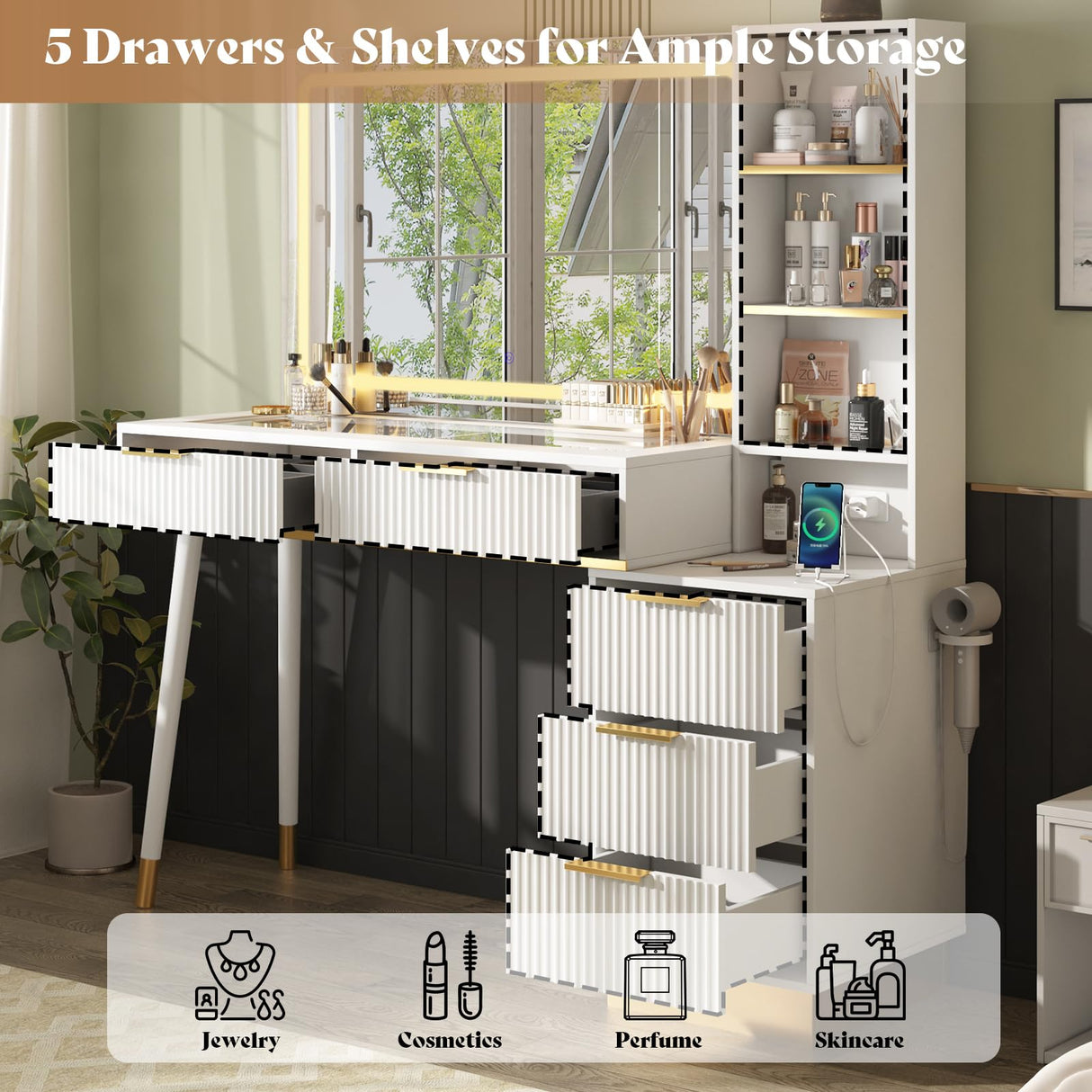 AMERLIFE 48" Vanity Desk with 35" Large Lighted Mirror, Big Modern Makeup Vanity Table with 5 Drawers & Shelves, Dressing Table with Charging Station/Glass Desktop/White AMERLIFE