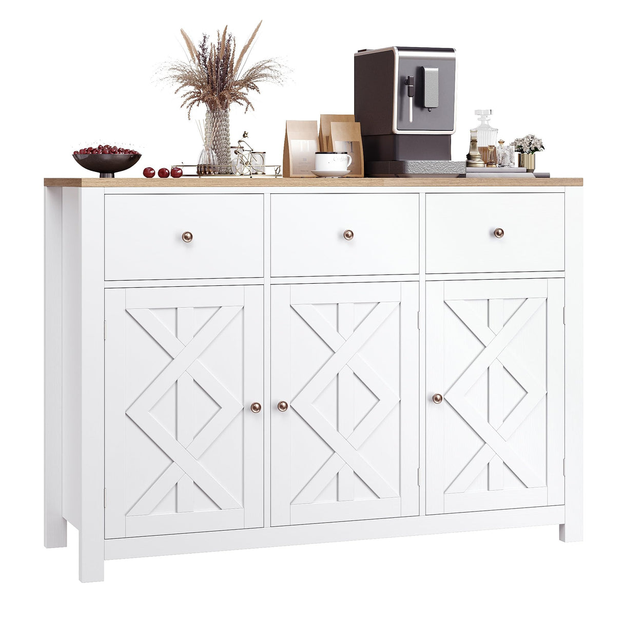 finetones Buffet Cabinet with Storage, 47.3” Farmhouse Sideboard Buffet Cabinet, White Kitchen Cabinet Display Cabinet with 3 Drawers and 3 Doors, Wood Coffee Bar Cabinet for Kitchen Dining Room finetones