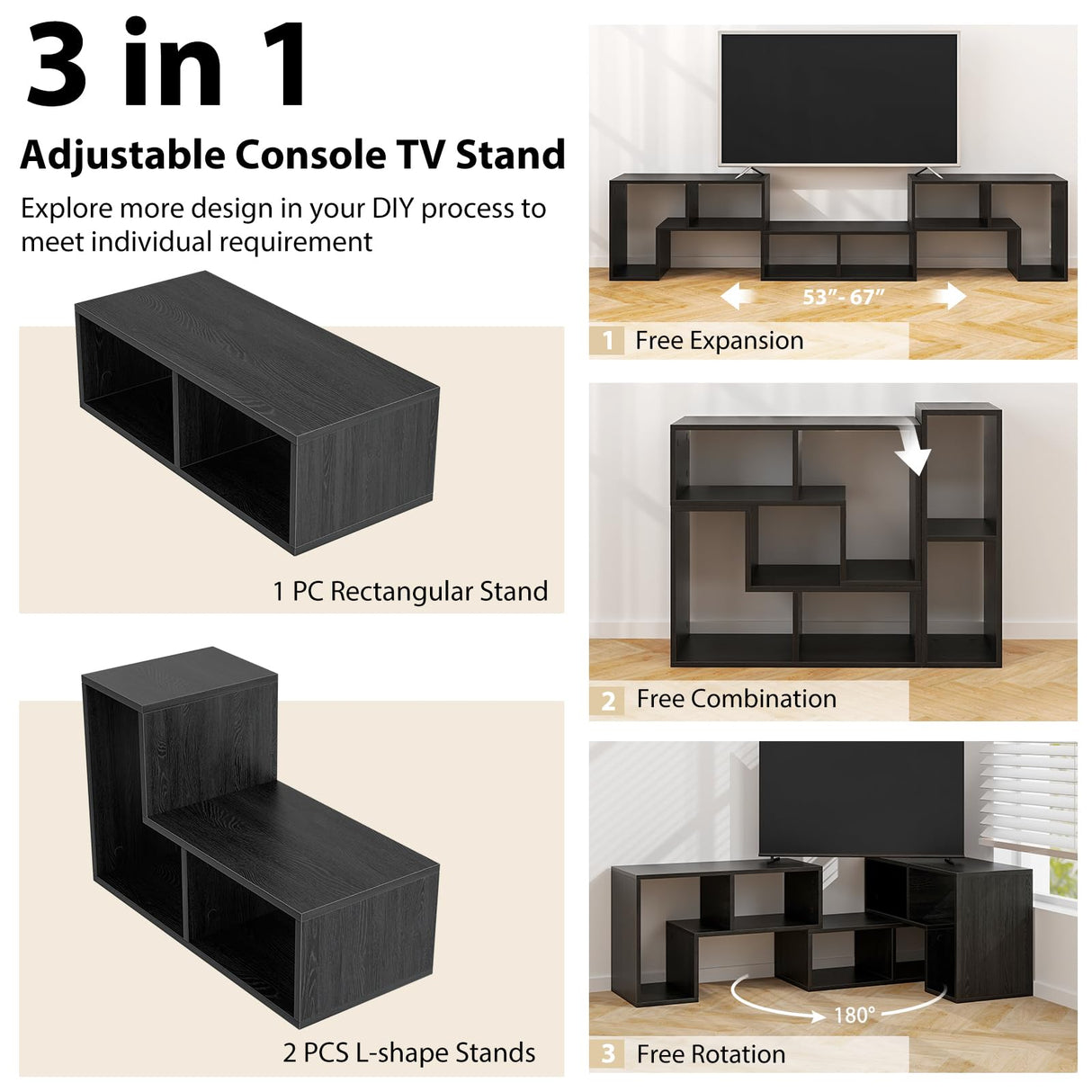 Tangkula 3 Pieces Console TV Stand, Free-Combination Entertainment Center for 50 55 60 65 Inch TV, Minimalist Modern TV Table Media Stand, DIY Open Storage Bookcase for Living Room (Black Wood Grain) Tangkula