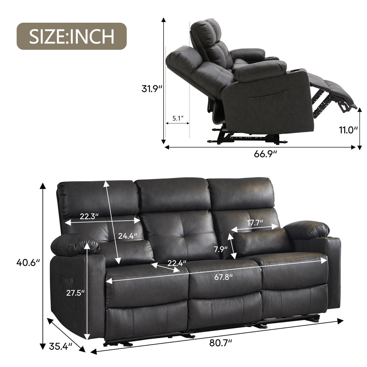 Consofa Power Reclining Sofa with Heat and Massage, Electtric Reclining Couch with Extended Footrest, Recliner Sofa 3 Seater with USB Ports, Cup Holders for Living Room, Home Seating Consofa