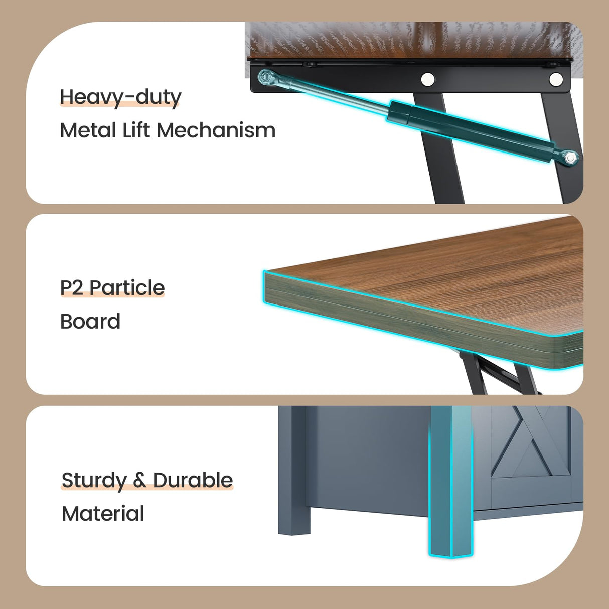 SEDETA Lift Top Coffee Table, 4 in 1 Multi-Function Convertible Coffee Tables with Storage and Hidden Compartment, Farmhouse Coffee Table Converts to Dining Table for Living Room, Blue SEDETA