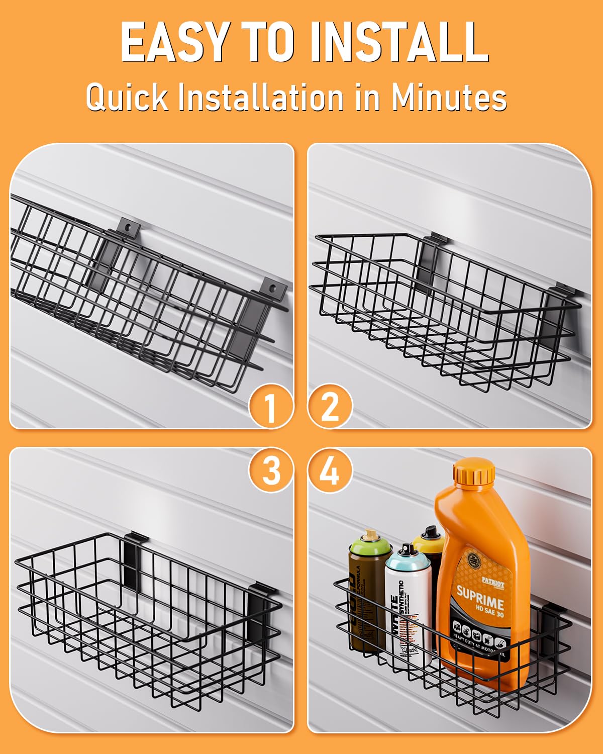 INCLY 4 Pack Black Slatwall Baskets Set, Ventilated Metal Hanging Storage Slat Wall Basket, Mounted Slatwall Accessories for Garage Rooms Shops Storage Organizing Display on Slatwall Panels INCLY