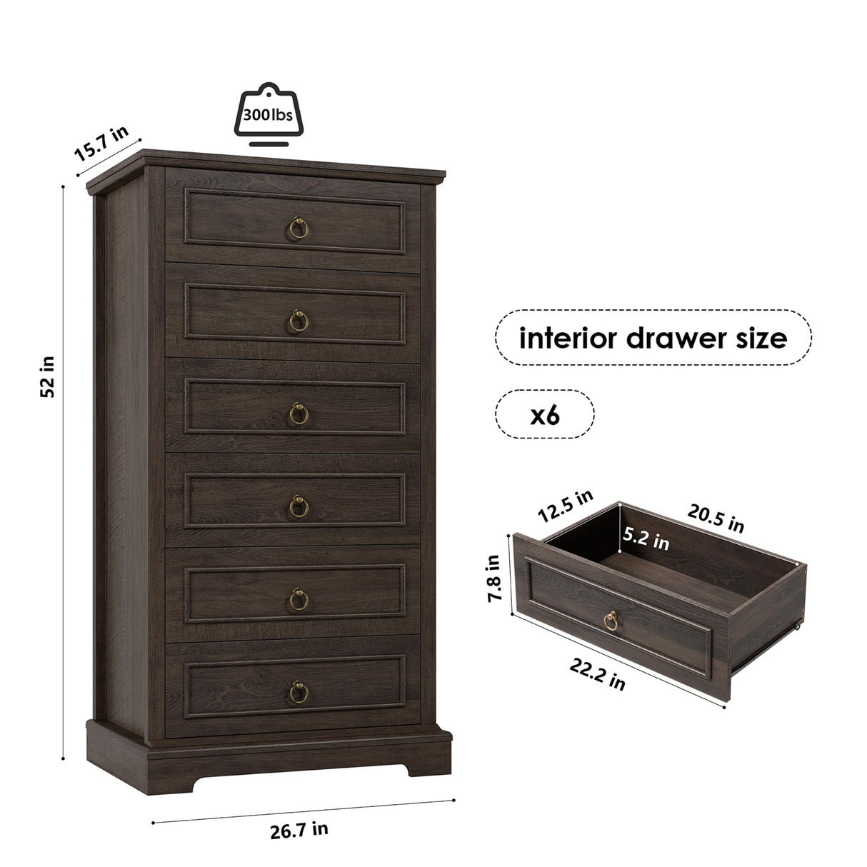 HOSTACK 6 Drawer Dresser, 52" Tall Chest of Drawers, Modern Farmhouse Storage Dressers Organizer for Living Room, Hallway, Entryway, Home Office, Dark Brown HOSTACK