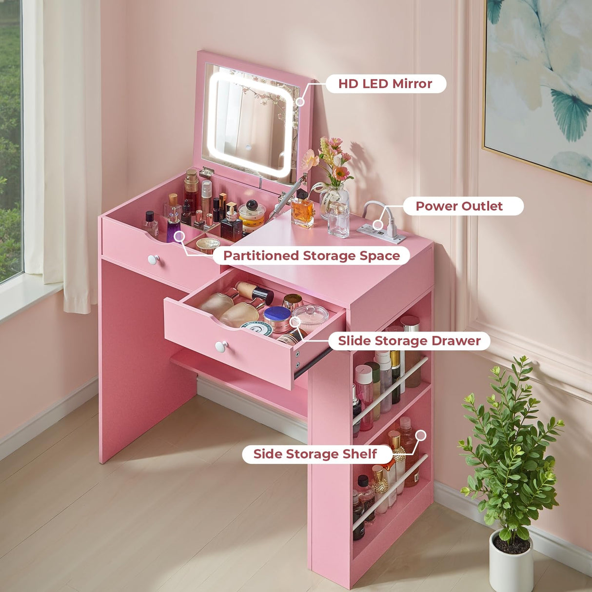 JanflyHome Small Vanity Desk with Flip Top Mirror, Modern Makeup Vanity Table with Power Outlet & Side Organizers, Dressing Table with Storage Compartment, Small Vanity Writing Desk for Bedroom, Pink JanflyHome