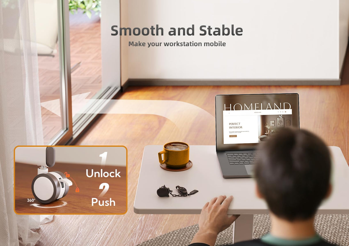 Claiks Mobile Standing Desk, Small Rolling Standing Desk, Mobile Desk Workstation with Wheels, Pneumatic Mobile Laptop Desk for Home Office with Hook, White Claiks