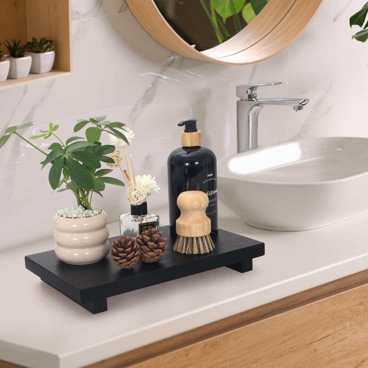 Farmhouse Black Bathroom Tray Organizer Wooden Dish Soap Dispenser Tray Kitchen Sink Tray for Bathroom Counter Decor Wood Riser Pedestal Stand Decorative Bathroom Vanity Accessories Soap Holder Tray Ayiaren