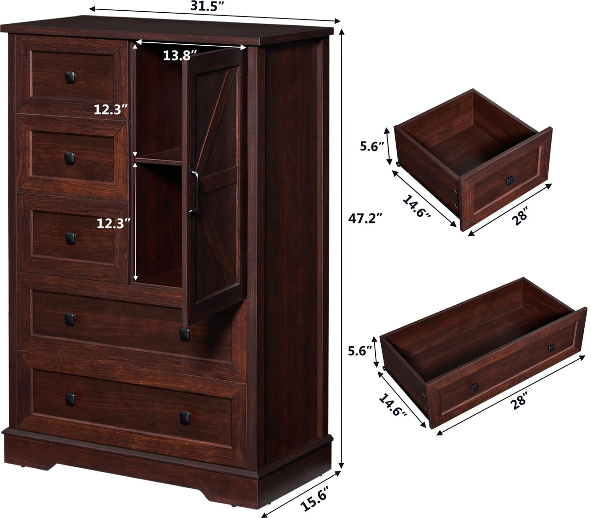 SOOWERY Dresser for Bedroom, Farmhouse Dresser with 5 Wooden Drawers and Storage Cabinet, 48 Inches Tall Chest of Drawers for Bedroom, Living Room, Hallway, Dark Cherry SOOWERY