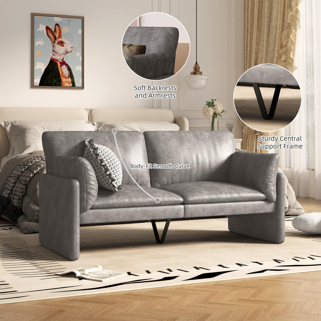 JFHID Leather Loveseat Sofa, Modern Love Seat with Thickened Cushions, Removable Cover, 68'' Small Leather Couch for Bedroom & Living Room, Grey JFHID