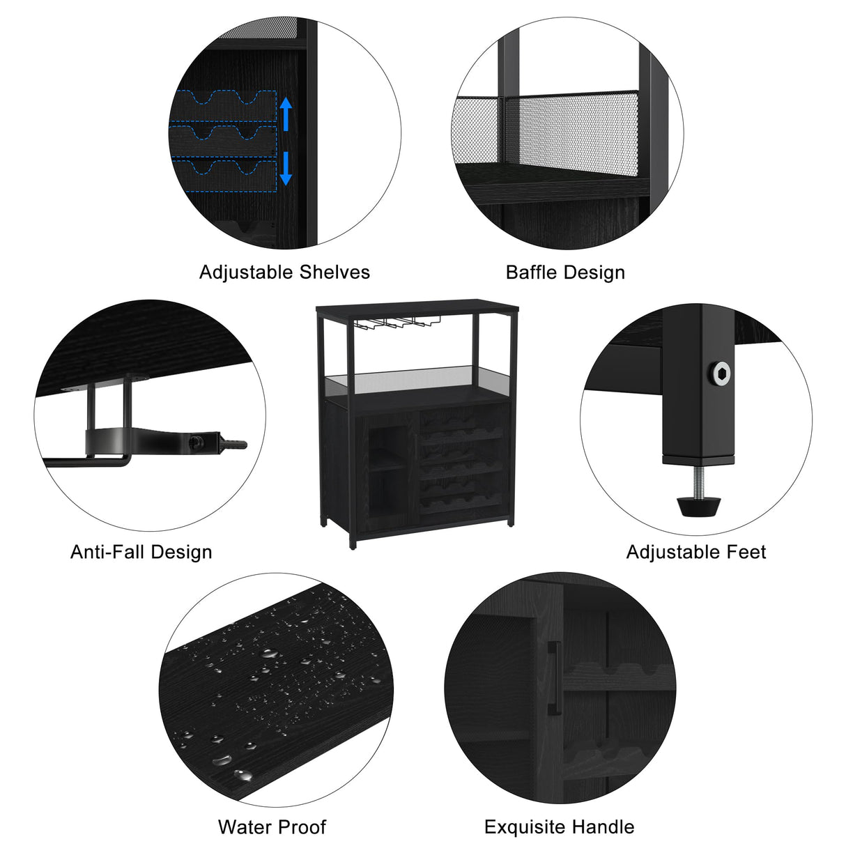 GarveeHome 3-Tier Wine Bar Cabinet with LED Lights, Detachable Wine Rack and Storage Space, Buffet Cabinet with Glass Holder and Mesh Door, for Kitchen, Living Room and Bar, Black GarveeHome