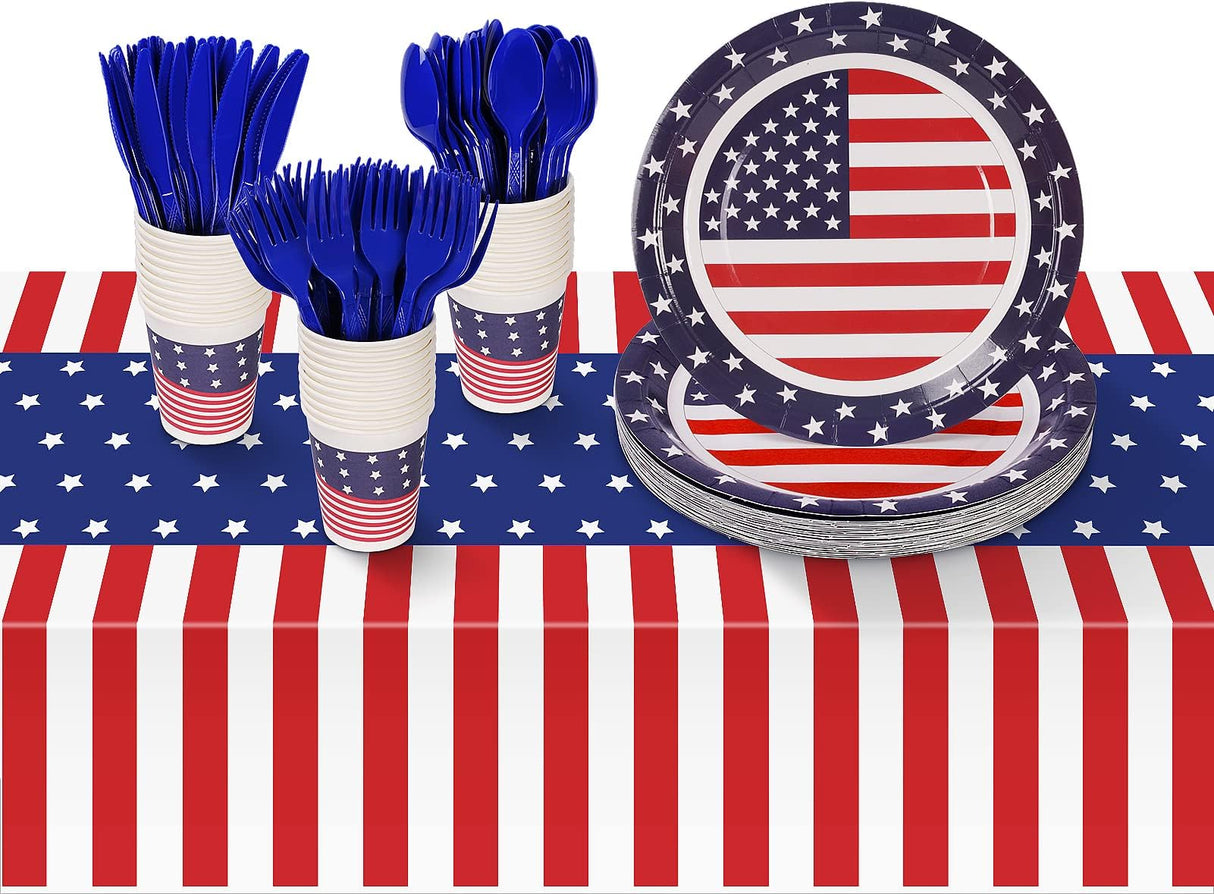 Patriotic Party Supplies,152Pcs American Flag Themed Party Set, Patriotic Party Decorations, American Flag Tablecloths,4th of July Plates Cups, Red White and Blue Decor for Outside, Picnic, Memorial Childom
