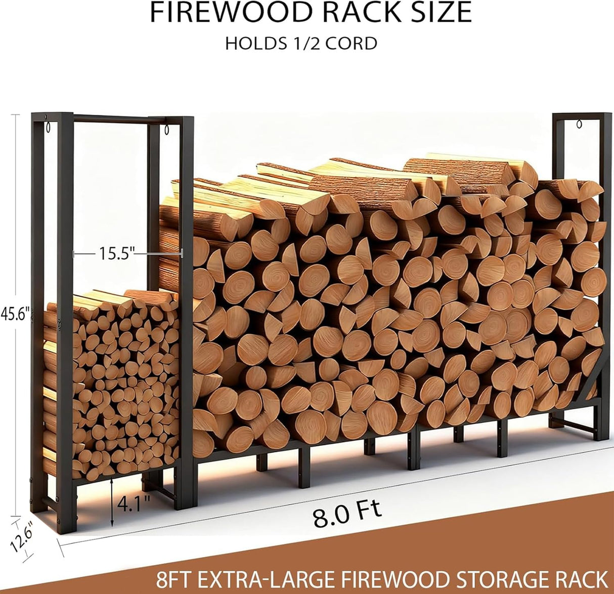 Shomextol 8ft Large Firewood Rack Outdoor, Heavy Duty Metal Wood Rack with Kindling Storage - For Indoor & Outdoor Fireplace, Wood Pile Organizer,Black Shomextol