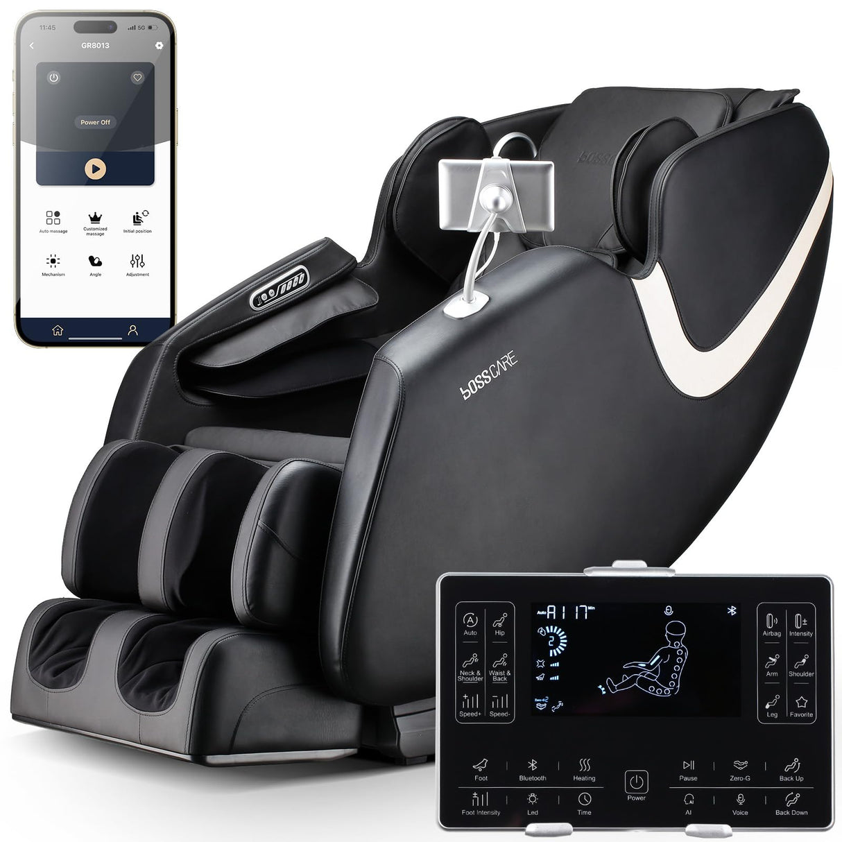 BOSSCARE 2025 Massage Chair Full Body, AI APP Control Shiatsu Zero Gravity Massage Chair with Foot Roller, Back Calf Heated, Bluetooth Speaker, Relaxing Massaging Recliner for Friend Family BOSSCARE