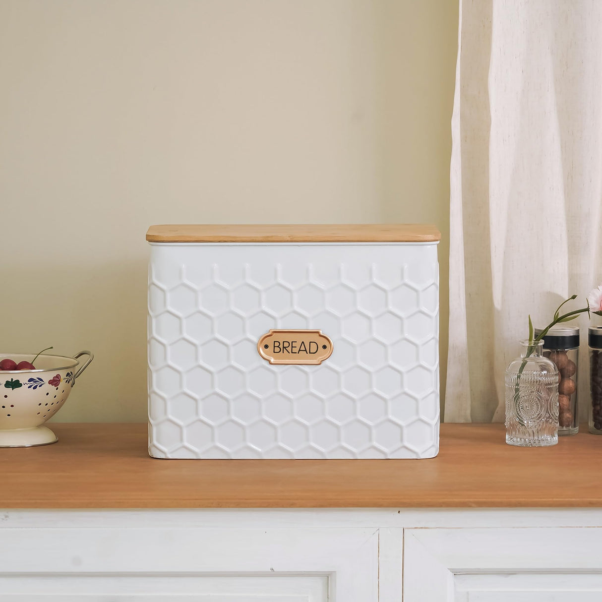 NIKKY HOME Extra Large Space Saving Farmhouse White Bread Box With Bamboo Lid - Holds 2 Loaves - Vertical Breadbox Bread Storage Bin Holder for Kitchen Countertop, Honeycomb Embossed Pattern NIKKY HOME