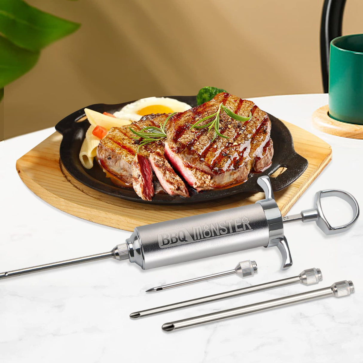 BBQ Monster Meat Injector Syringe Kit with 4 Professional Marinade Injector Needles for BBQ Grill Smoker, Turkey and Brisket; 2-oz Large Capacity, Including Paper User Manual, Recipe E-Book (PDF) OFG