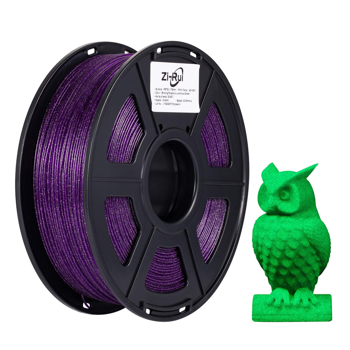 Zi-Rui 3D Printer PETG Filament, Sparkly Glitter Purple, Shining Glow in The Dark Green, 1.75mm, 2.2LBS(1KG)/Spool Zi-Rui