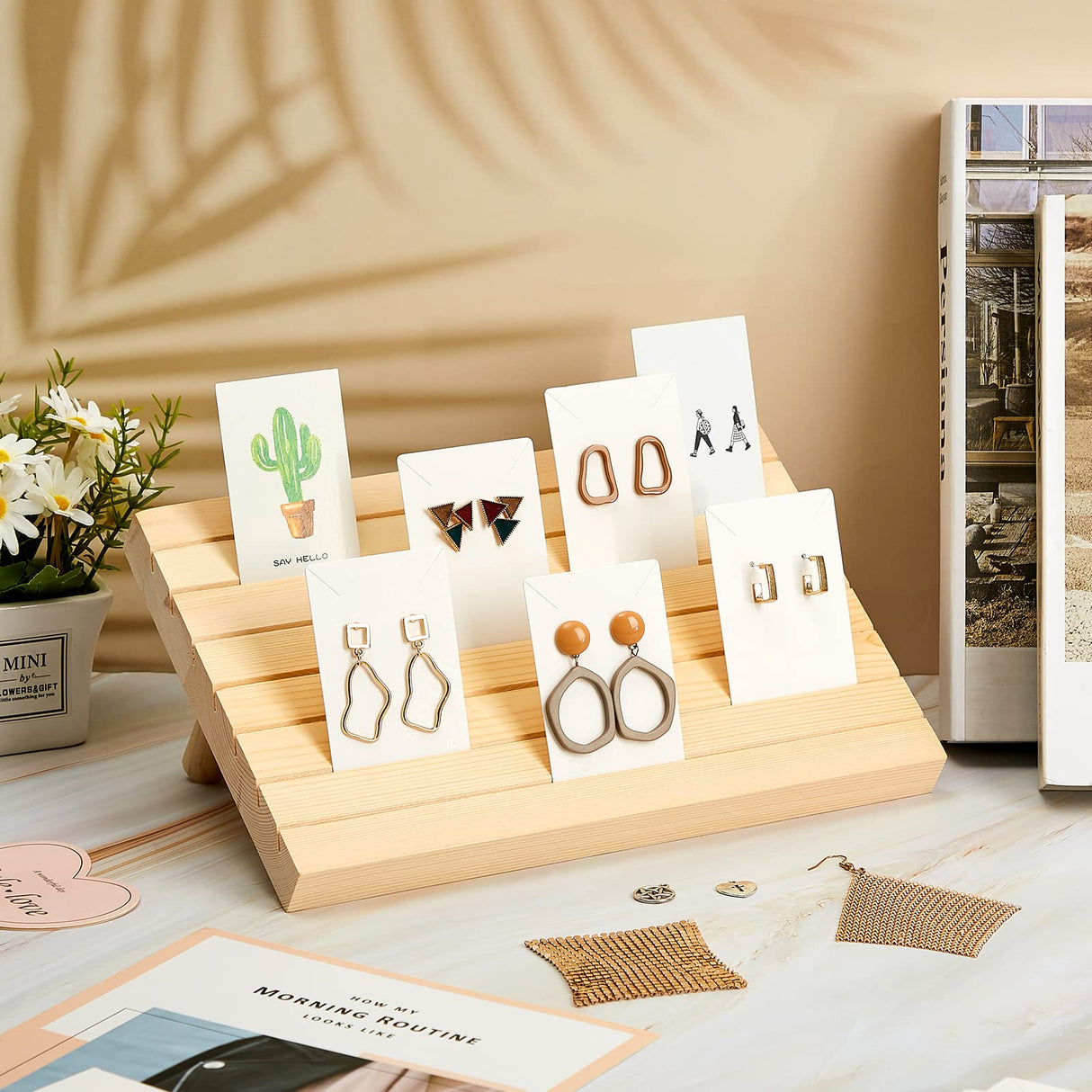 124 Pcs Wood earring card display wooden earring display stand 4 Set Jewelry stand holder with Card for Jewelry Selling(Wood Color) Marsui