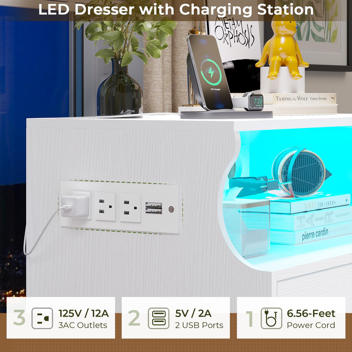 Hasuit White Dresser with Charging Station, LED Dresser with 4 Large Drawers, Chest of Drawers with Open Space, Large Capacity Tall Storage Cabinet, White Dresser for Bedroom Hasuit