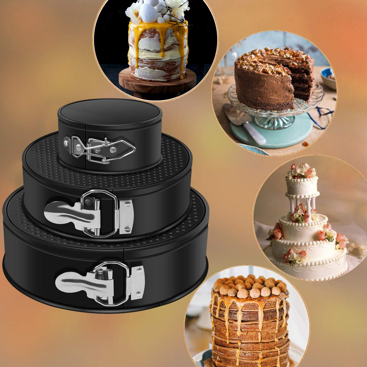 MASSUGAR Springform Cake Pan Set of 3 - Nonstick Leakproof Round Cheesecake Pan with Removable Bottom, Circle 3 Tiered 4" 7" 9 inch Spring form Pans for Baking with 50 Pcs Parchment Paper Liners MASSUGAR