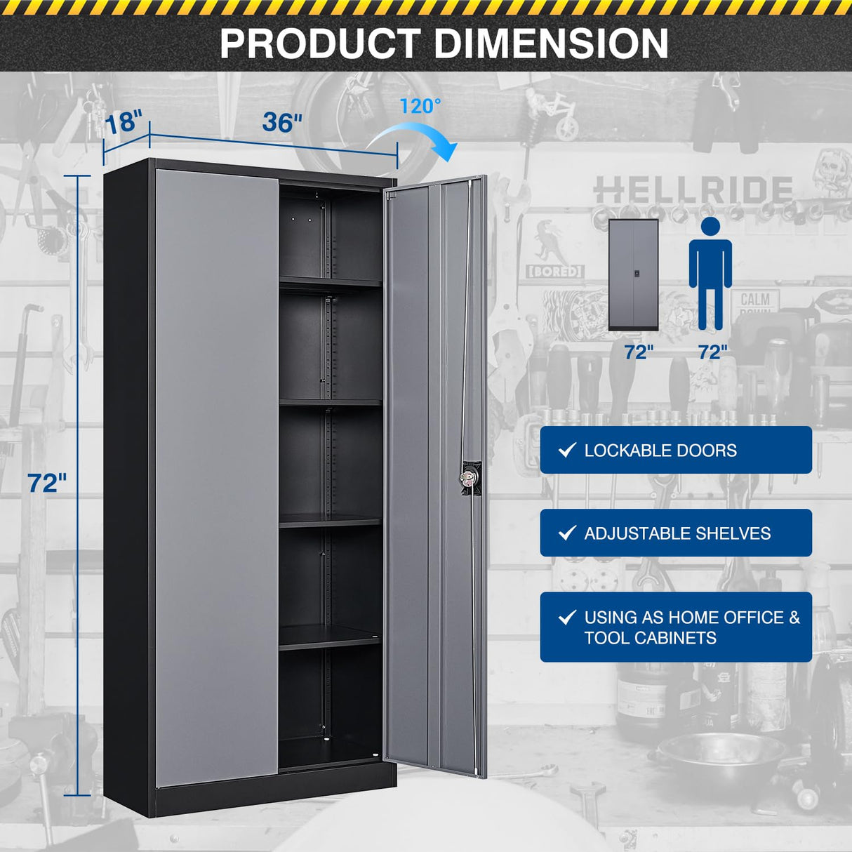 Fesbos Metal Storage Cabinet-72” Tall Steel File Cabinets with Lockable Doors and Adjustable Shelves-Black&Gray Steel Storage Cabinet for Kitchen, Office, Garage Fesbos