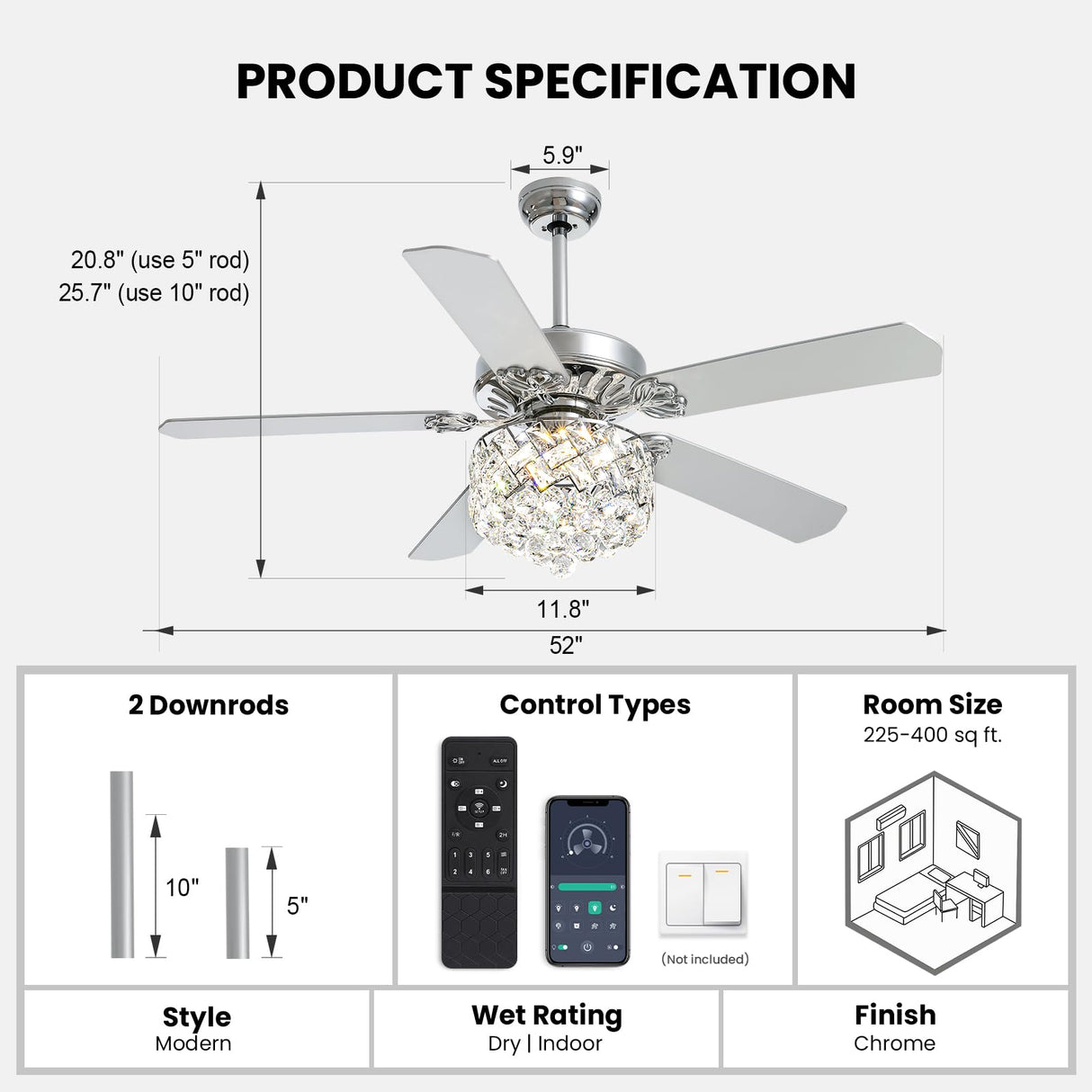 CROSSIO 52" Crystal Ceiling Fan with Light Dimmable LED Chandelier Ceiling Fan Modern Reversible Ceiling Fan Light Fixture with Remote for Bedroom Dining Room Living Room Chrome CROSSIO
