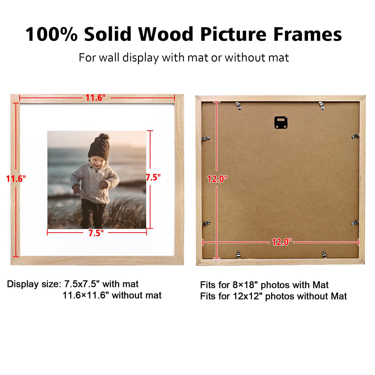 KINLINK 12x12 Picture Frame, Natural Square Solid Wood Frames for Pictures 8x8 with Mat or 12x12 without Mat, Wall Display Photo Frames Natural Wood 4 Pack KINLINK