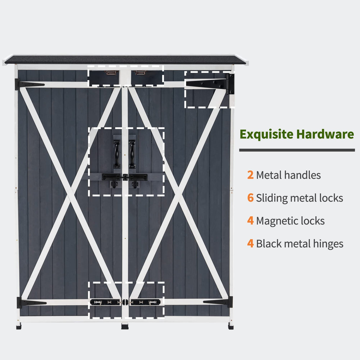 MCombo Storage Shed Backyard Utility Tools Organizer Outdoor Wooden Garden Racks Shelves with Lockers 2 Doors Home Furniture 6056-1400(Grey) MCombo