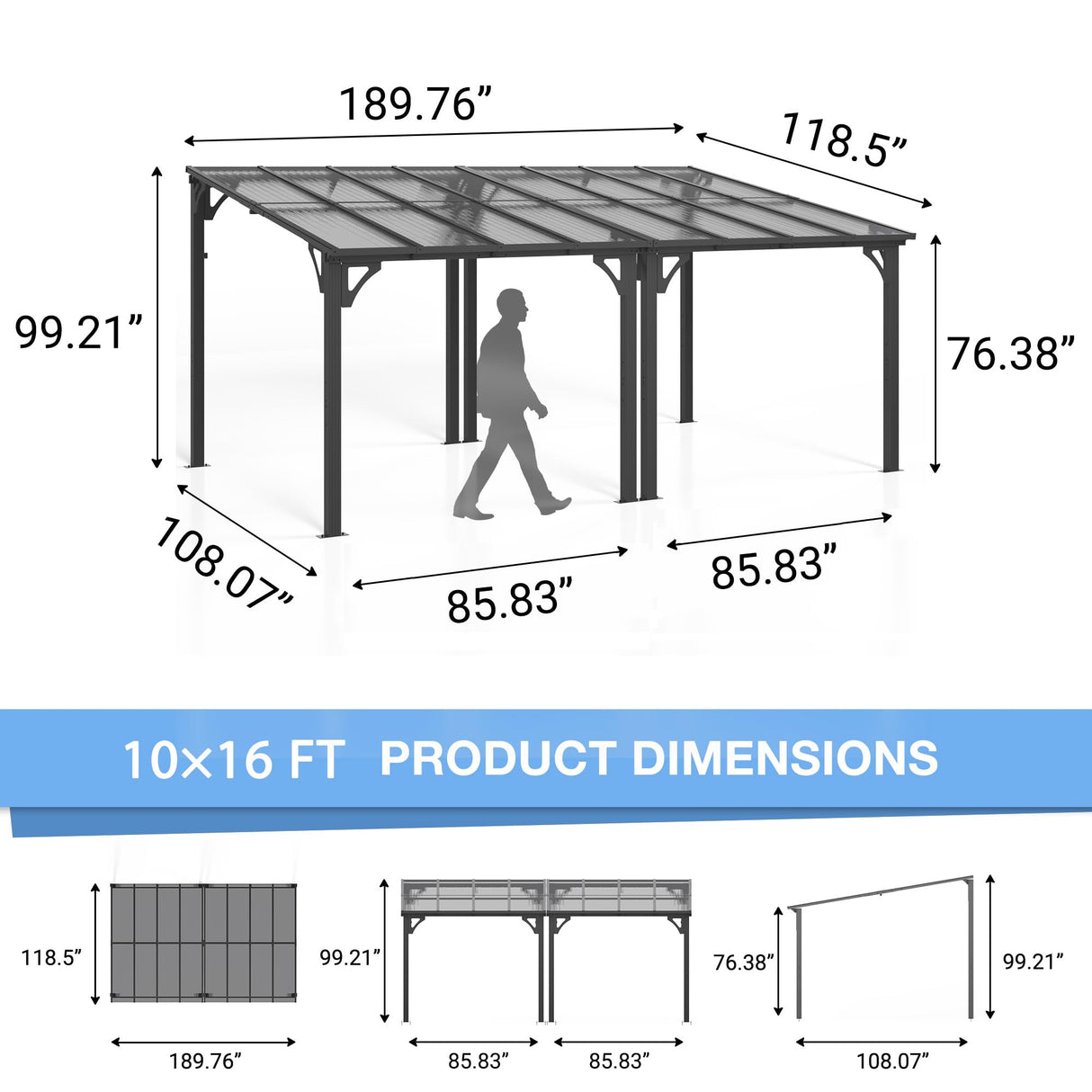 AirWire 10x16 FT Gazebo Pergola Awnings for Patio with Hardtop Gazebos on Clearance Patio Covers for Shade and Rain, Lean to Gazebo Sunroom Patio Canopy Outdoor Pergolas for Patios,Decks,Backyard AirWire