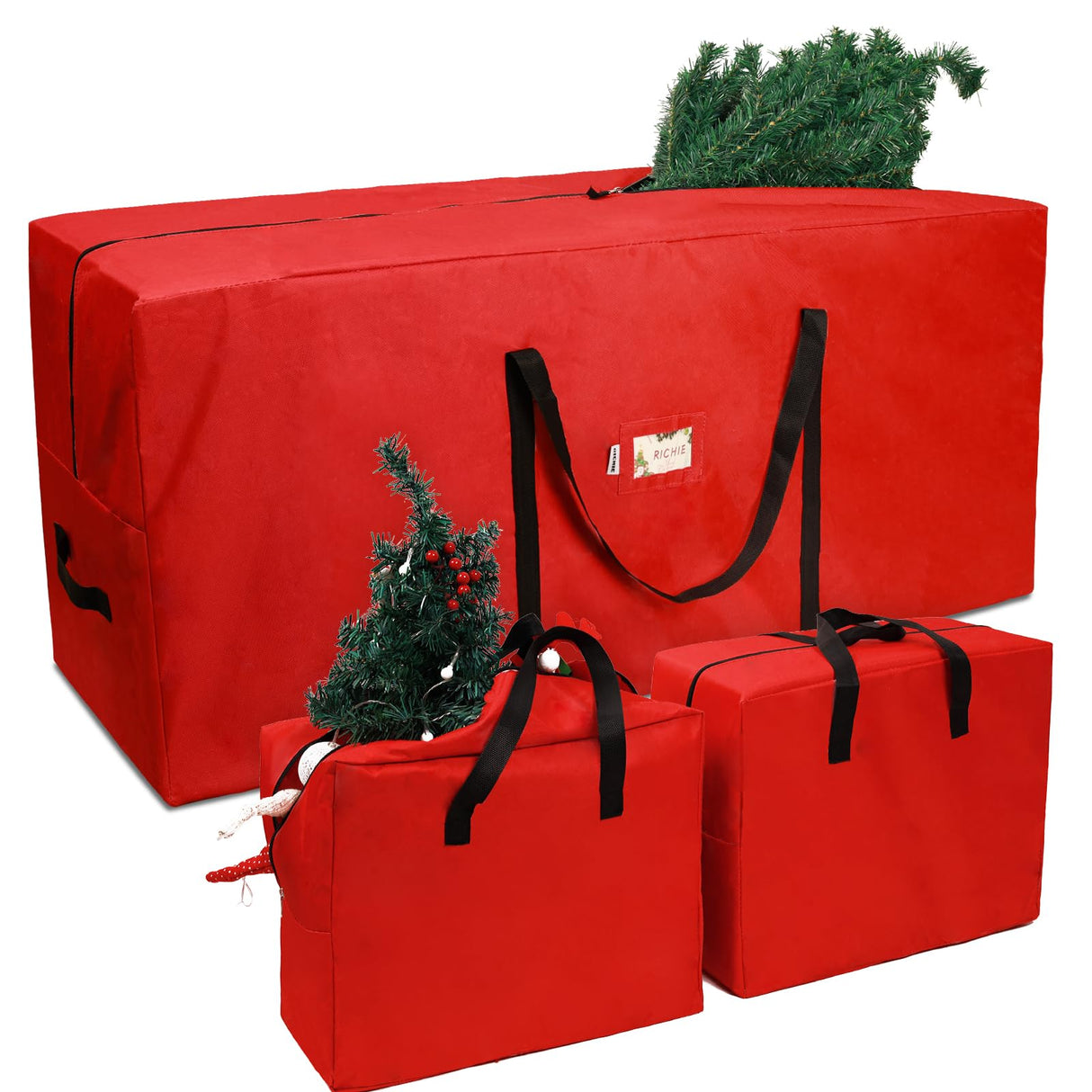 RICHIE Christmas Tree Storage Bag 7.5 ft (3pc Set), Fits Up to 7 Foot Artificial Trees, 600D Oxford Tear-proof Xmas Tree Bag, Reinforced Handles&Zippered&Durable, Holiday Decoration Storage Bags, Red RICHIE