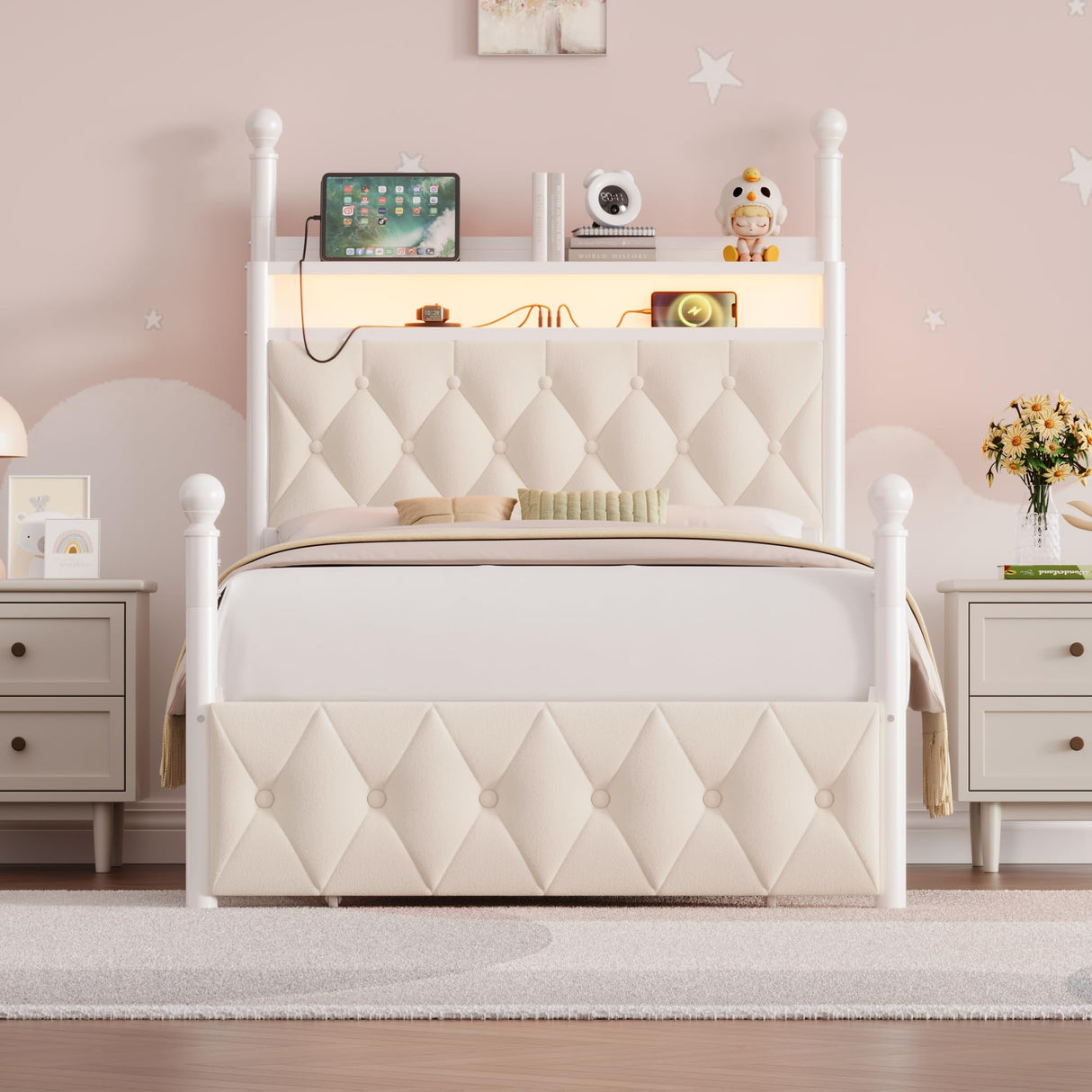 HIFIT Set of 2 Kids Twin Upholstered LED Canopy Bed Frame with Charging Station & Storage Drawer, Button Tufted Storage Headboard w/Bookshelf, Two-Use Girls Platform Bed frame w/4 Removable Post,Beige HIFIT