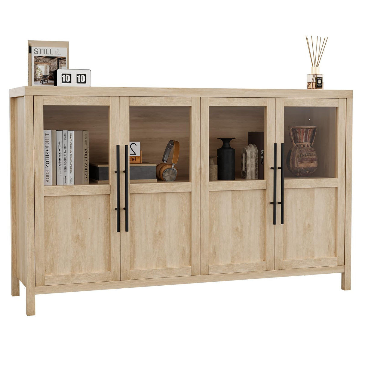 GarveeHome Sideboard Buffet Cabinet with 4 Glass Doors, 55" Buffet Table Coffee Bar Wine Bar Display Cabinet for Kitchen Dining Room, Living Room (Natrual, Glass with 4 Doors) GarveeHome