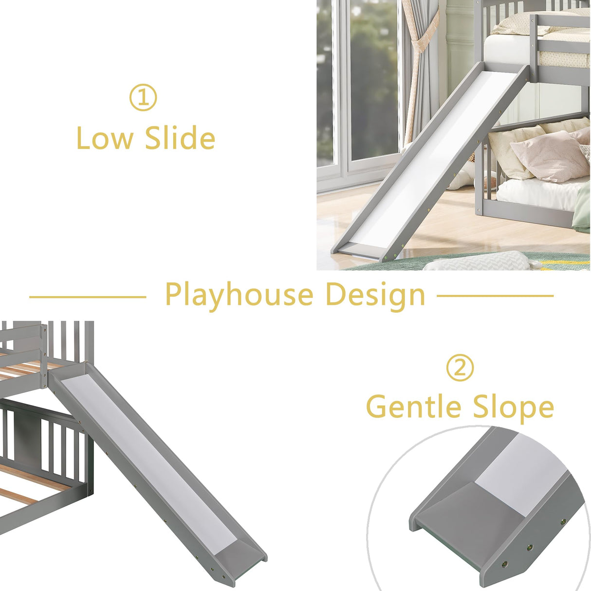 Montessori Floor Bunk Bed Twin Over Twin, Twin Bunk Bed with Slide and Ladder, Kids Bunk Beds with Guardrail Headboard and Footboard, Low Bunk Beds for Kids, Boys, Girls, Twin Bunk Bed Gray Bellemave