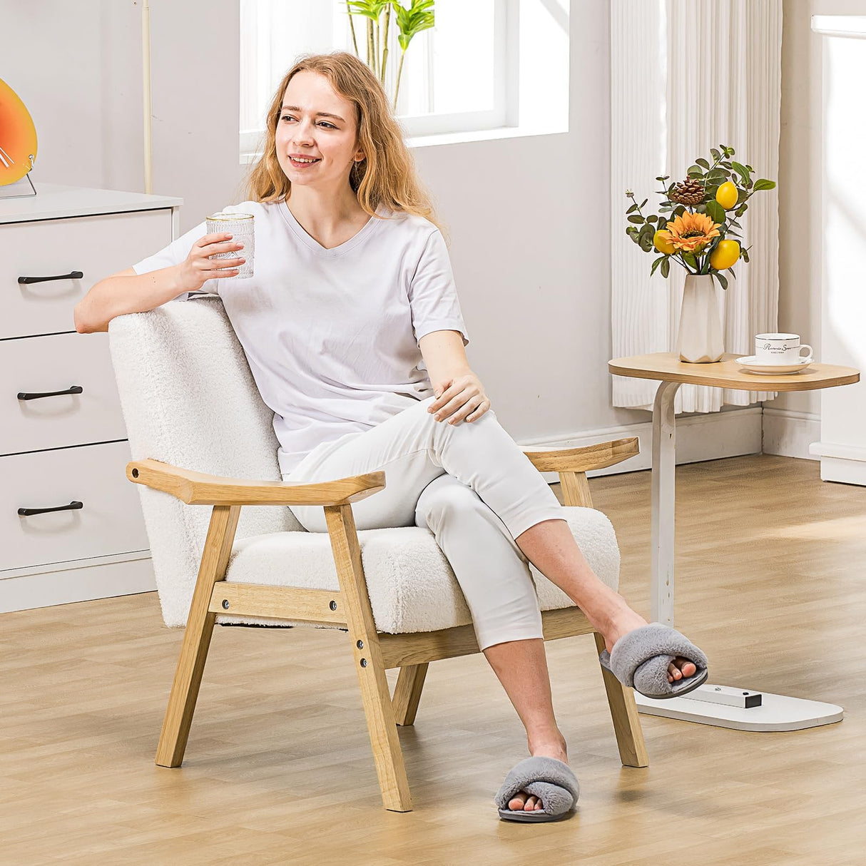 COMHOMA Accent Chair, Mid Century Modern Chair with Solid Wood Armrest, Comfy Upholstered Reading Armchair for Living Room, Bedroom, Balcony (Curved Armrests, White) COMHOMA