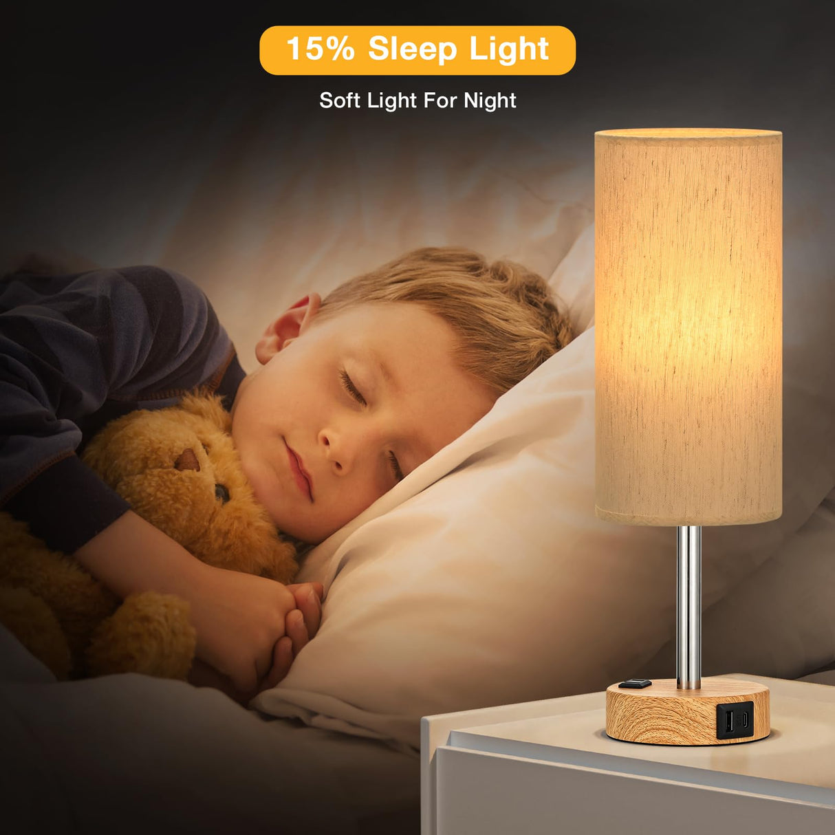 Touch Bedside Table Lamps Set - 3 Way Dimmable Bedroom Lamps Set of 2 with USB C and A Ports, Small Lamps for Nightstand with AC Outlet, Wood Base Round Flaxen Shade for Desk, Office, Dorm, Nursery PartageiZ