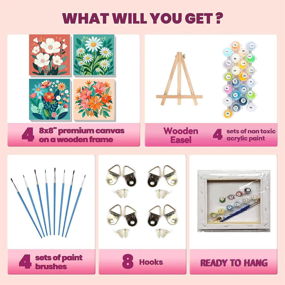 cviokrdu 4 Pack Paint by Numbers Kit for Kids with Frame - Wooden Easel, Flowers Paint by Numbers for Kids Ages 4 8 12, Easy Flower Acrylic Oil Painting Kits for Home Wall Decoration 8x8 inch cviokrdu