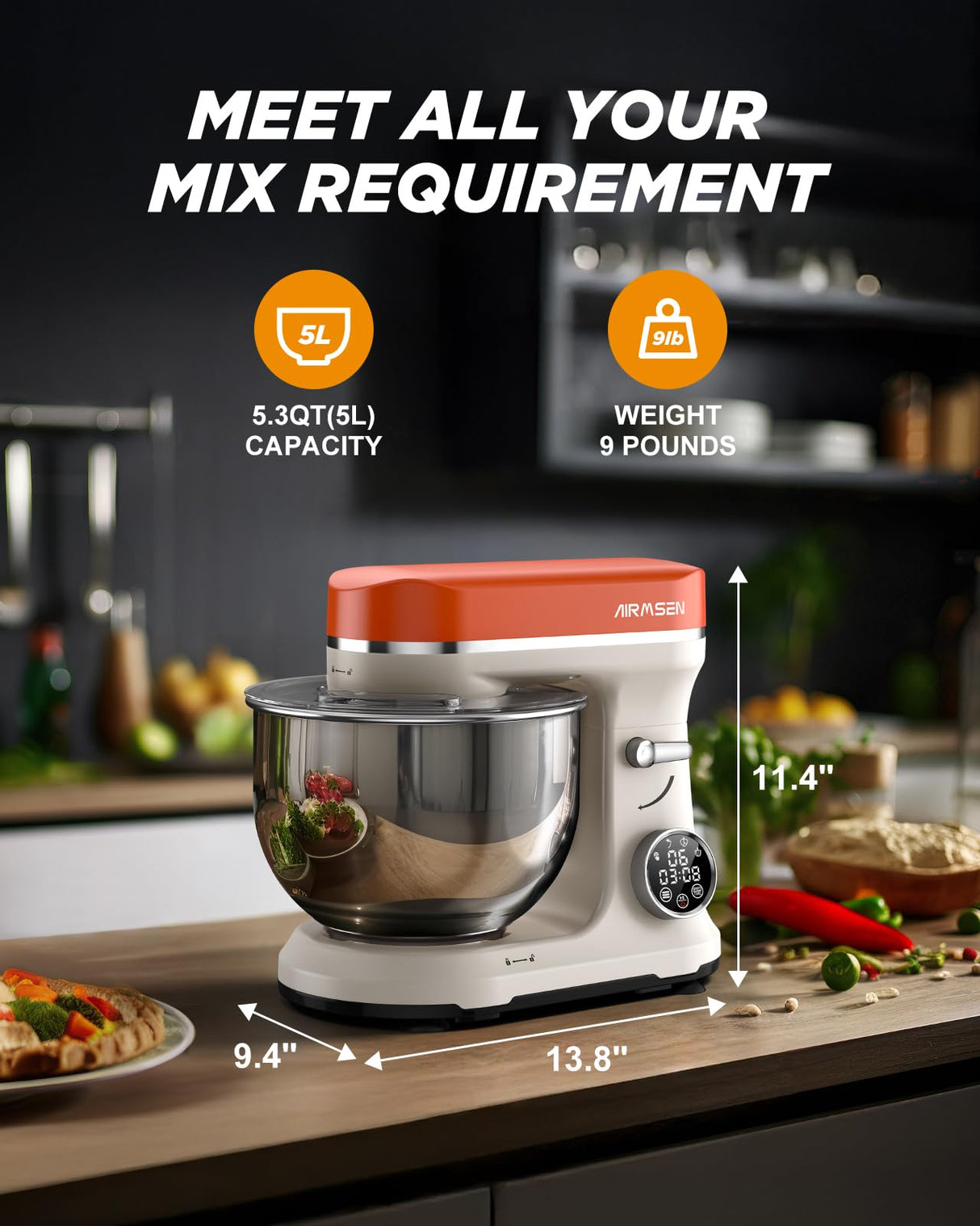 AIRMSEN Automatic Stand Mixer with LED Touchscreen & Timer - 11 Speed Tilt-Head Dough Mixer Fits 5.3QT Bowl & 3-IN-1 Attachments - Kitchen Electric Mixer for Bread Cake Baking - Beige and Orange AIRMSEN