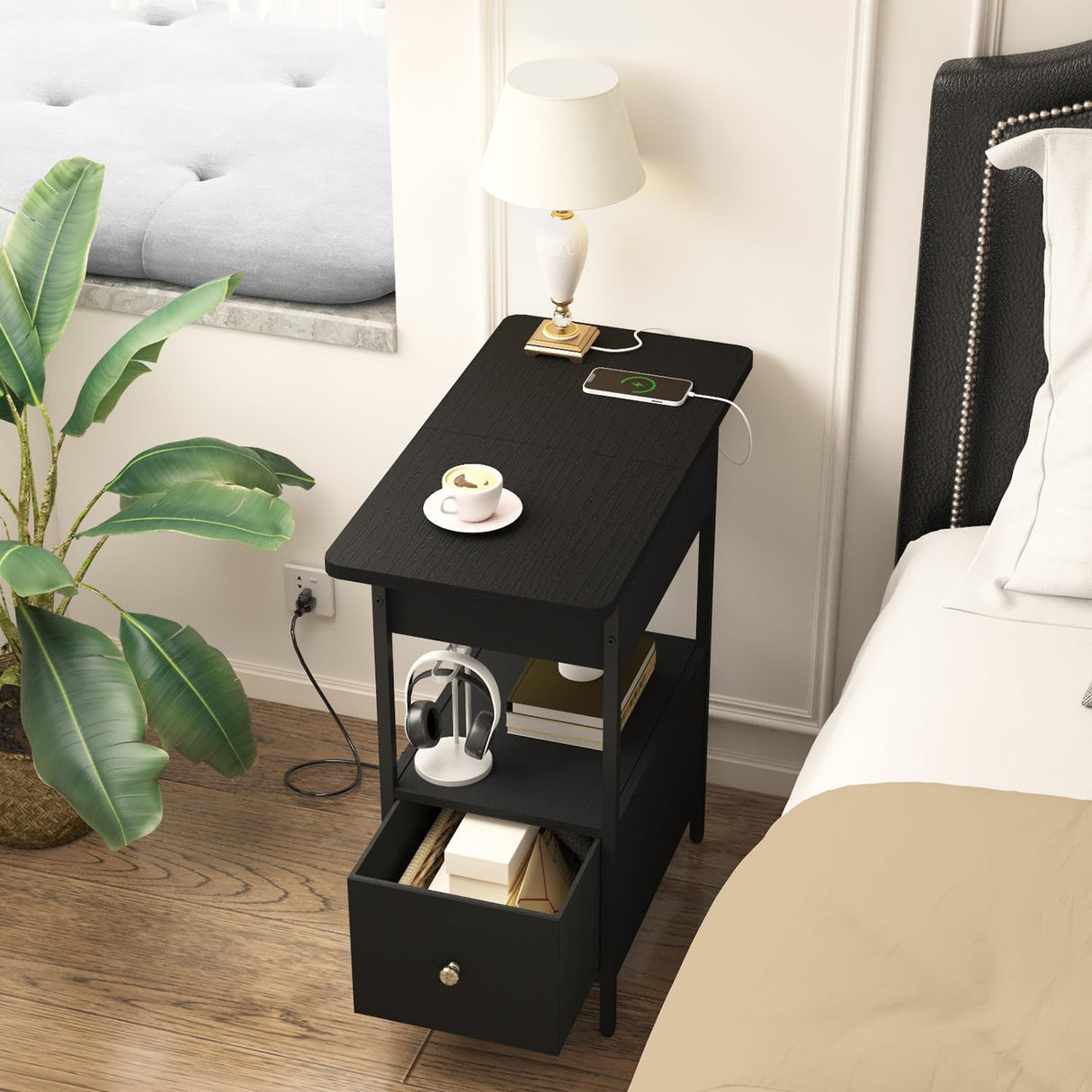 SOOWERY End Table with Charging Station, Narrow Side Table with Flip Top Cabinet and Fabric Drawer, Nightstand Bedside Tables for Small Spaces, Bedroom, Living Room, Black SOOWERY