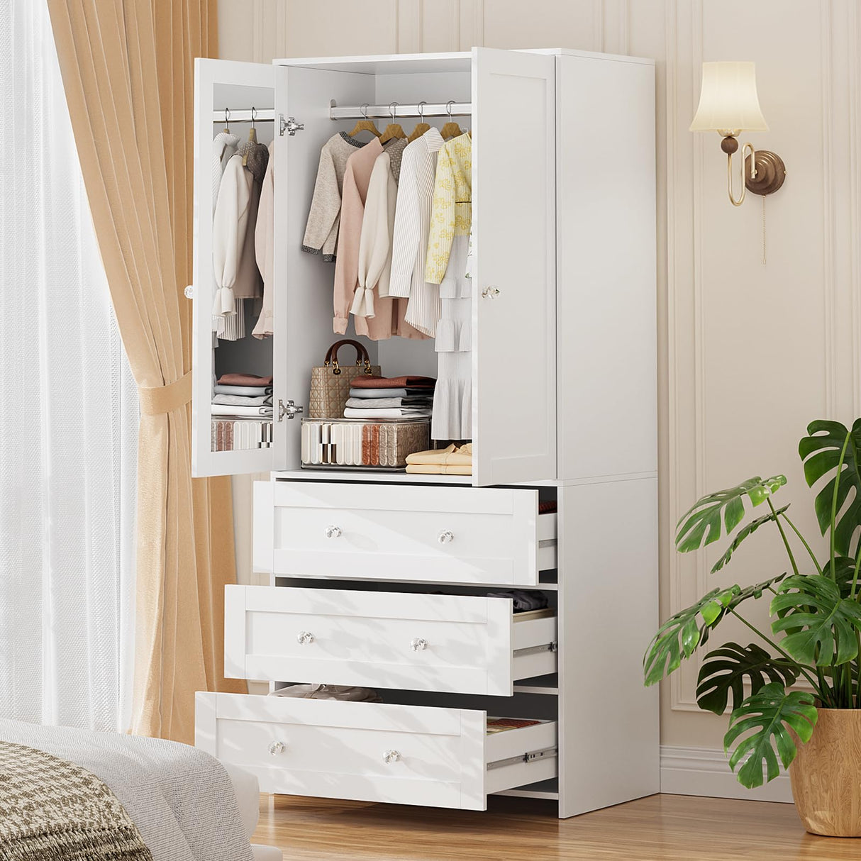 VOWNER Armoire Wardrobe Closet with Drawers and Mirror, 71" Clothing Storage Cabinet with Hanging Rod, 2 Doors Wooden Wardrobe Cabinet for Bedroom, Large Capacity Storage, White VOWNER