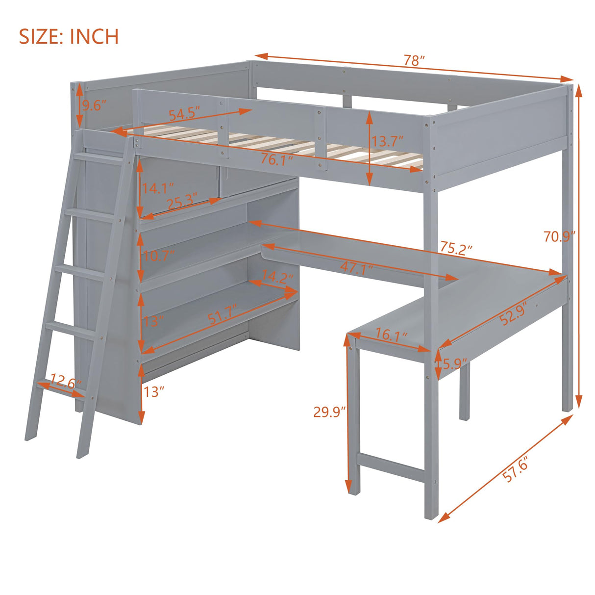 Ibraccieni Full Size Loft Bed with Desk and Shelves, Wood Loft Bed Frame with Ladders and Full-Length Guardrail for Adult, Space-Saving Design, No Box Spring Needed, Gray Ibraccieni