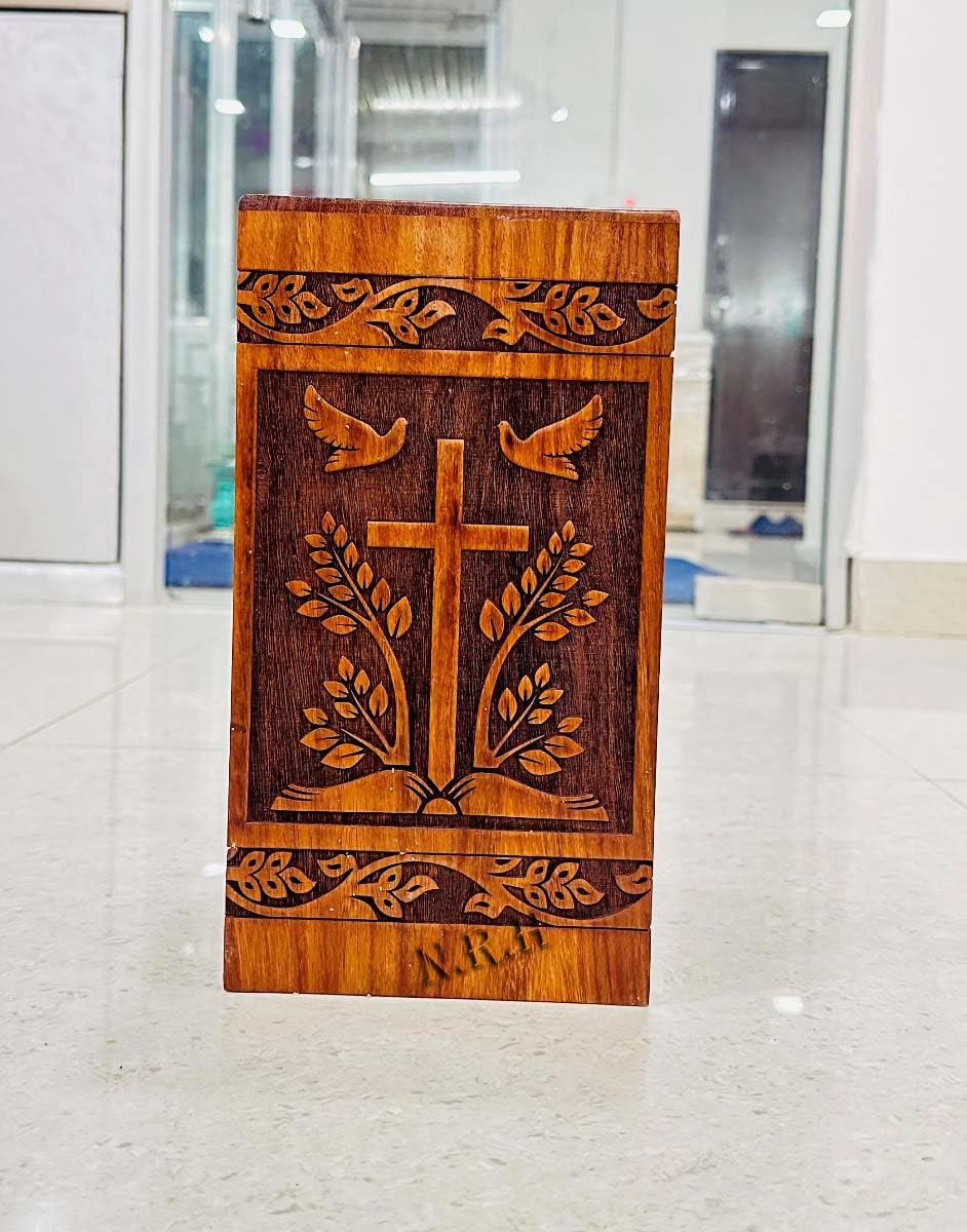 Carved Cross of Jesus Under The Book Handcrafted Rosewood Borders Engraving Wooden Cremation Box/Urns for Human Ashes Adult, Funeral Urn Box Nautical Replica Hub