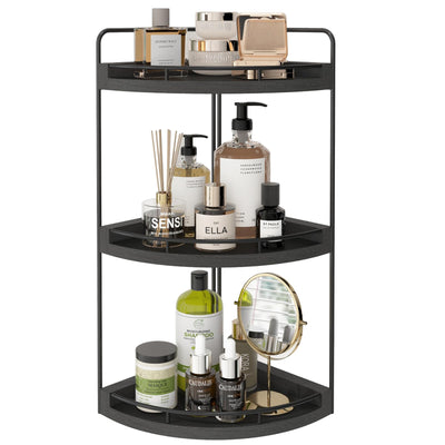 Fixwal Corner Bathroom Counter Organizer, 3 Tier Rustic Bathroom Organizer, Wood Countertop Storage Tray for Vanity, Kitchen, Bedroom (Black)