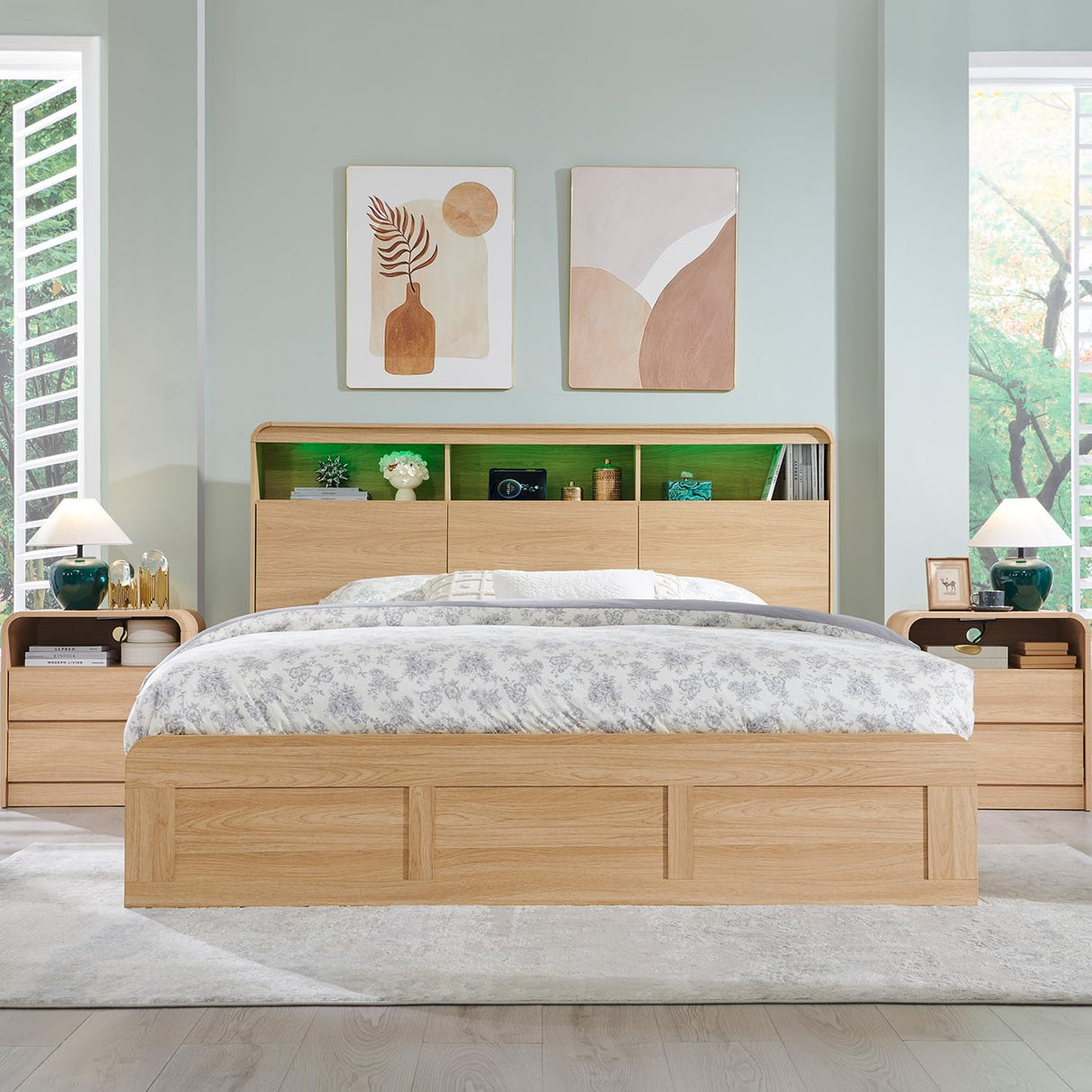 Aitjunz Modern King Size Bed Frame with 50" Tall Storage Headboard, Wood King Size Platform Bed Frame w/4 Drawers, Curved Profile Design,LED Light, Charging Station,No Box Spring Needed, Natural Oak Aitjunz
